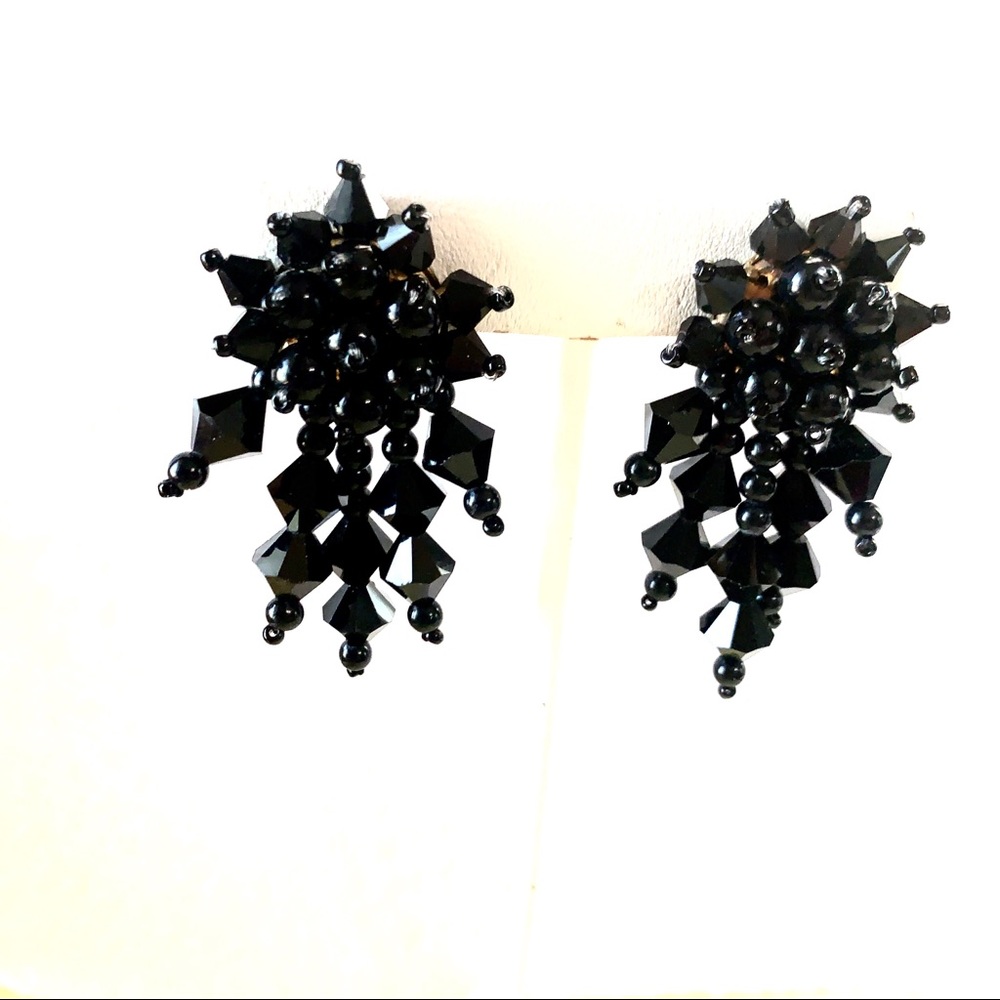 Vintage Jet Black Glass Clip Earrings
